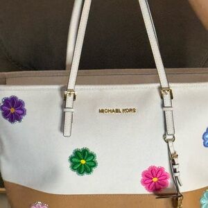 Michael Kors White and Tan Tote up cycled Floral Embellishments